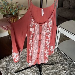 Salmon colored embroidered blouse. Cold shoulders
